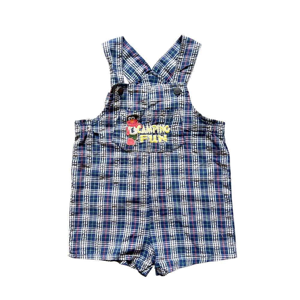 Vtg Sesame Street Elmo Caming Fun Plaid Overalls 24 Months Embroidered Retro Fun